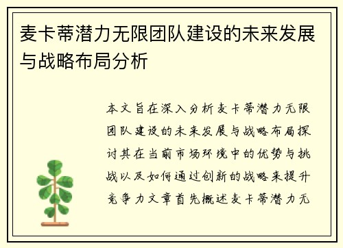 麦卡蒂潜力无限团队建设的未来发展与战略布局分析