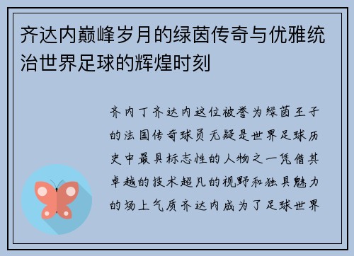 齐达内巅峰岁月的绿茵传奇与优雅统治世界足球的辉煌时刻