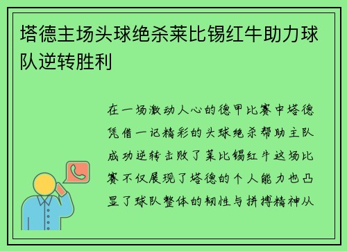 塔德主场头球绝杀莱比锡红牛助力球队逆转胜利