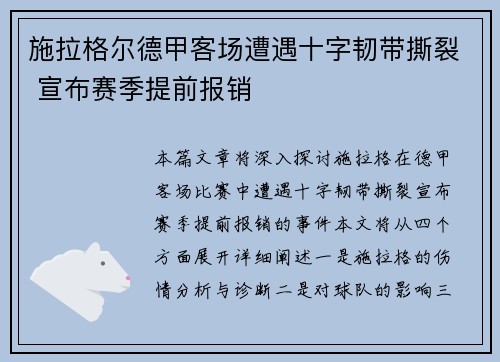 施拉格尔德甲客场遭遇十字韧带撕裂 宣布赛季提前报销